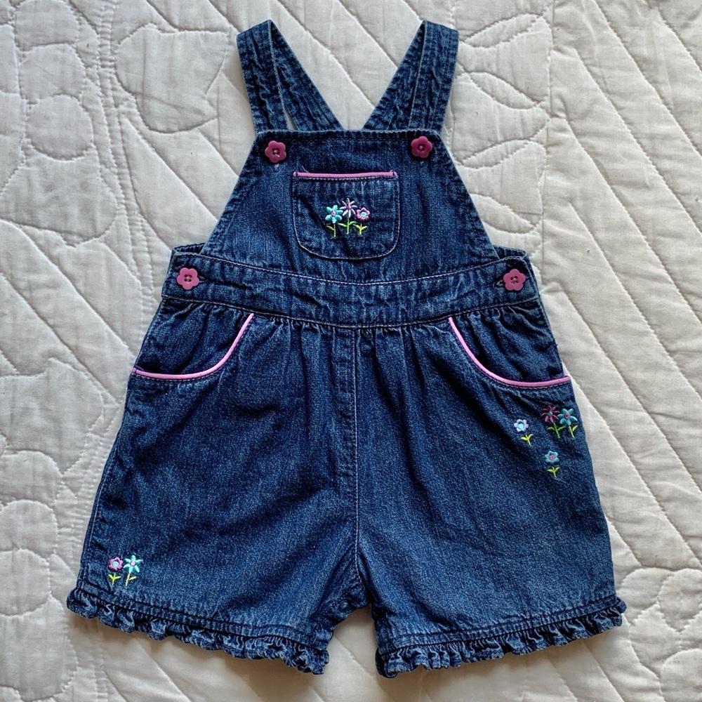 2000 Gymboree Pop Safari Embroidered Purple Flower Denim Overalls Shortalls